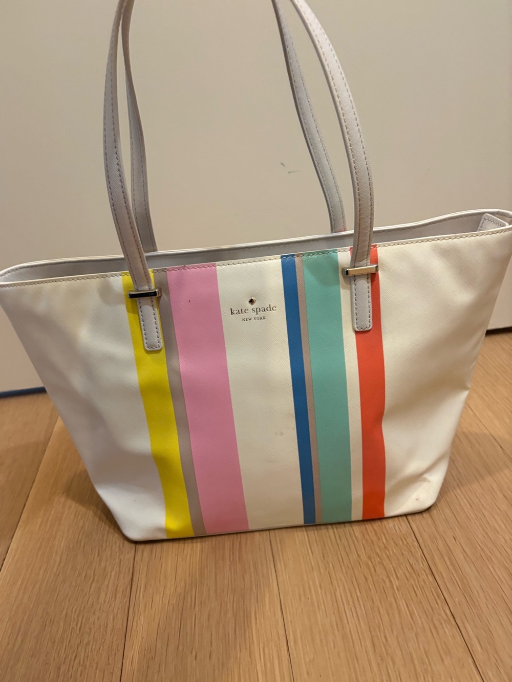 kate spade white tote with pastel multicolor vertical stripes